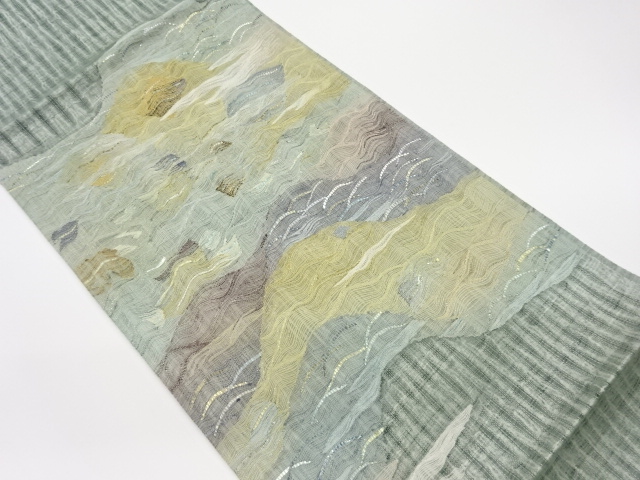 リサイクル　手織り紬すくい織抽象波模様織出し袋帯